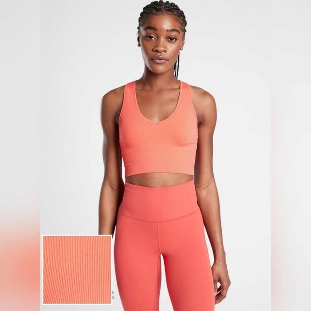 Athleta Aurora Seamless Ribbed Cropped Tank Top Neon Coral Size Small V Neck NWT
